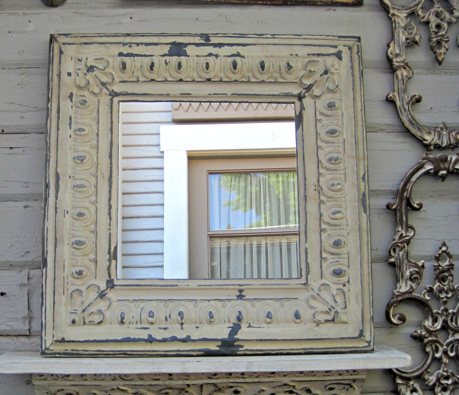 Rustic mirror. 2x2 Framed ANTIQUE Ceiling Tin Tile Mirror.