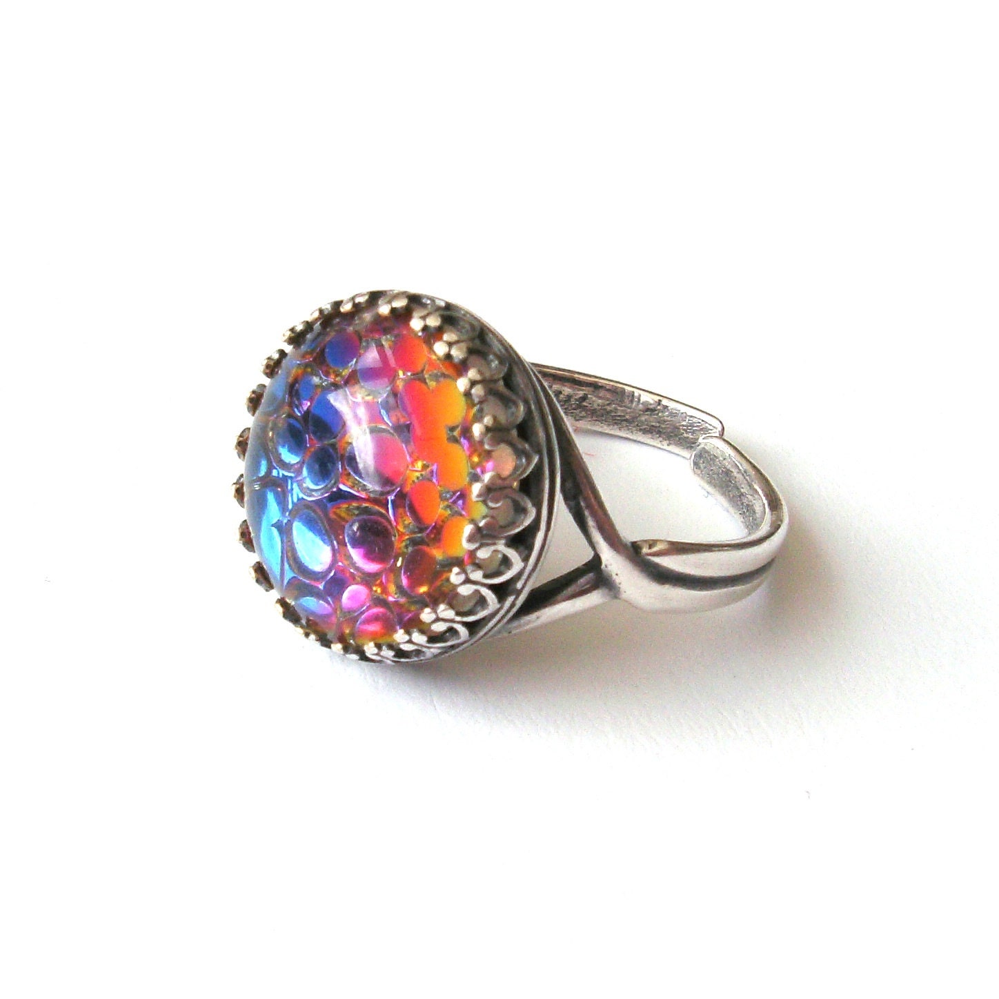Rainbow Ring Vintage Czech Glass Snakeskin Vitrail Ring