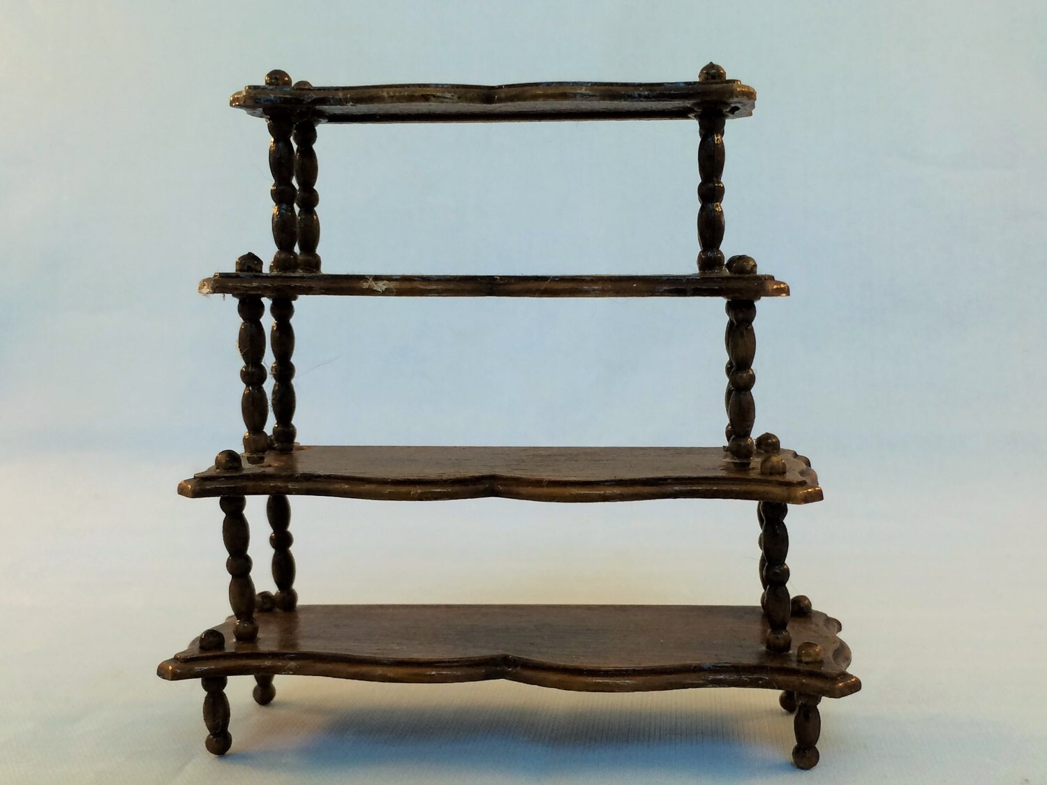 Vintage Miniature Shelf Unit 112 Scale 4 Shelves with Turned Dowels Stained Wood 3 1/4