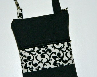 Solid Black Linen White Floral Swirls Damask Phone Case with Wristlet Decorative Button Velcro Closure Hot Pink Purple Aqua Mustard Yellow