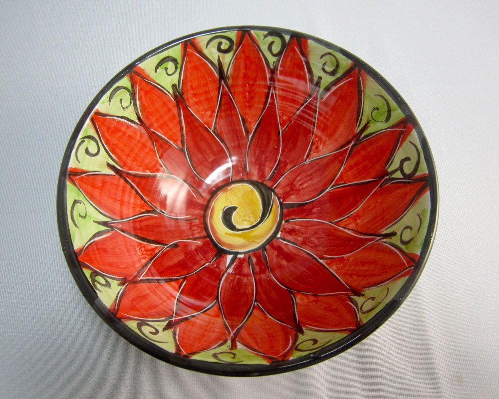 Ceramic Bowl Red Lotus Flower Clay Majolica Pottery Kitchen   Il Fullxfull.796014875 9i67 