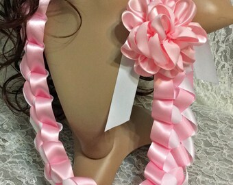 Pink and White Braided Hawaiian Ribbon Lei - Baby Shower Wedding Graduation 36 inches Satin Rose with pearls
