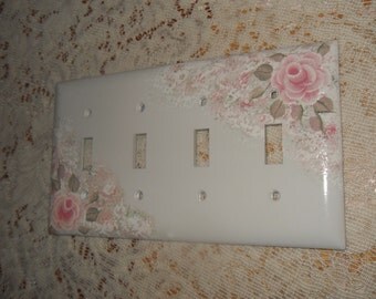 Shabby Cottage Chic Hand Painted Pale Rose Four Switch Light Cover