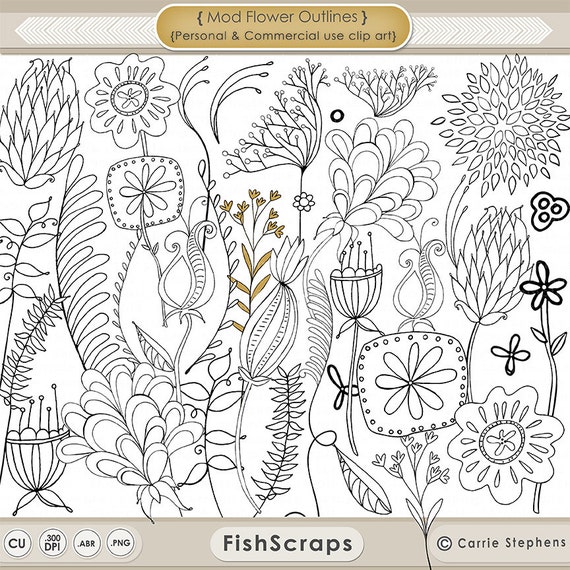 Mod Flower Digital Stamps, Printable Line Art + Silhouettes, Digital Clip Art Flower Doodle, Floral Stationery, Hand Embroidery Il_570xn