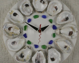 Oyster Plate Clock with blue and green sea glass