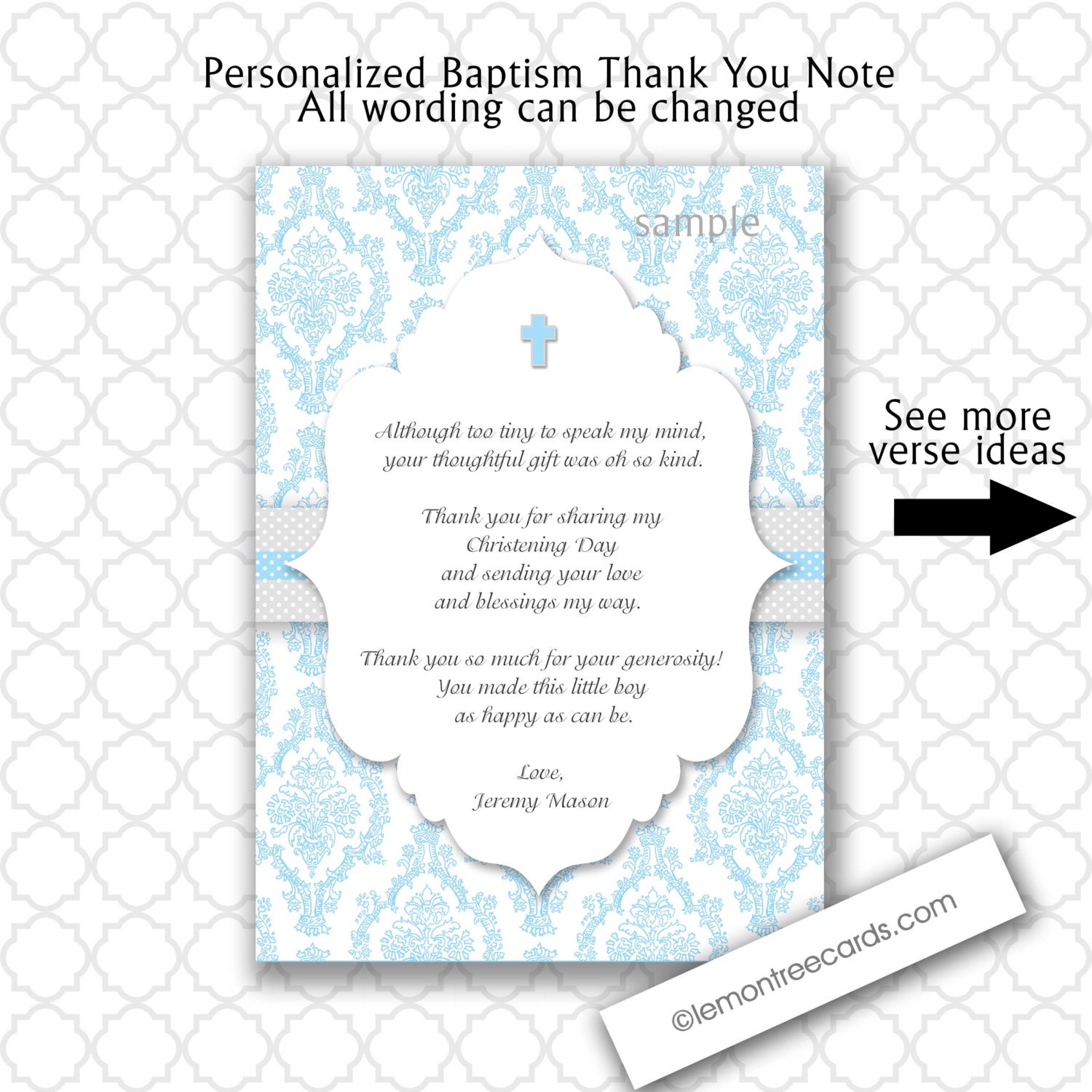 Blue Damask Baptism Thank you notes with poem / customizable