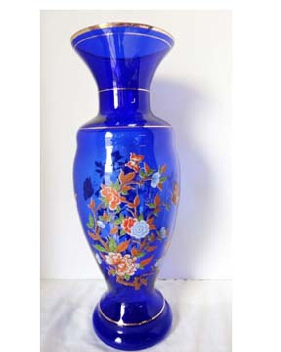 Items similar to Cobalt Blue Tall Flower Vase with Orange and White