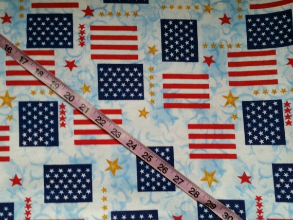 Patriotic Flannel Fabric With Flags Usa Red By Conniesquiltfabrics