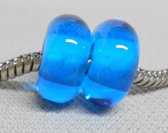 SRA Handmade Lampwork Bead Pair Charm Bracelet Beads Transparent Aqua Blue