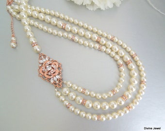 bridal rose Gold pearl necklace, swarovski crystal necklace, ivory Pearl and Rhinestone necklace, wedding Rhinestone necklace, ROSELANI