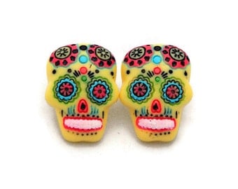 Large Yellow Sugar Skull Earrings - Rockabilly Day of the Dead Earrings