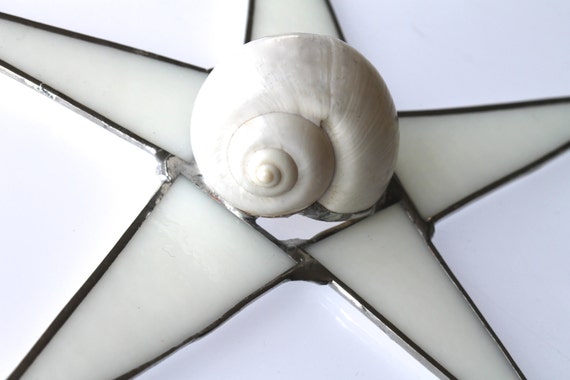 Seashell Star- White shell with white stained glass- 9 inches