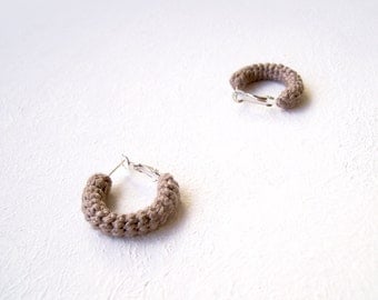 Beaver Brown Earrings, Mini Crochet Tube Hoops, 1 inch hoop earrings