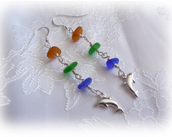 Beach Glass Earrings Dolphin Dangle