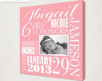 Baby Birth Announcement Canvas // Personalized Girl's Name Art with Picture // Subway Style Print // Kid's Nursery Wall Art