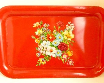 Vintage Red Painted Tray with floral Decal Rectangle Serving Tray Metal Wall Art Memo Board 14.5" x 9" x 1.5"