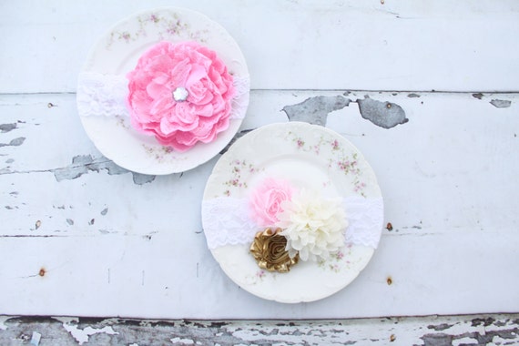Back to School Headband Rose Flower Lace. Pink, Beige Buff Champagne, Ivory 1st Birthday Photo Shoot. Mommy and Me Bow. Wedding Flower Girl by ChicCoutureBoutique