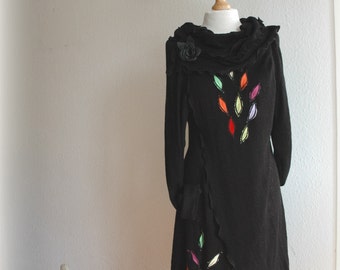 Black Cardigan Asymmetric LINEN Knitted Whit Leather Brooch With Application Eco Friendly Sweater Wrap Clothing Natural M - XL