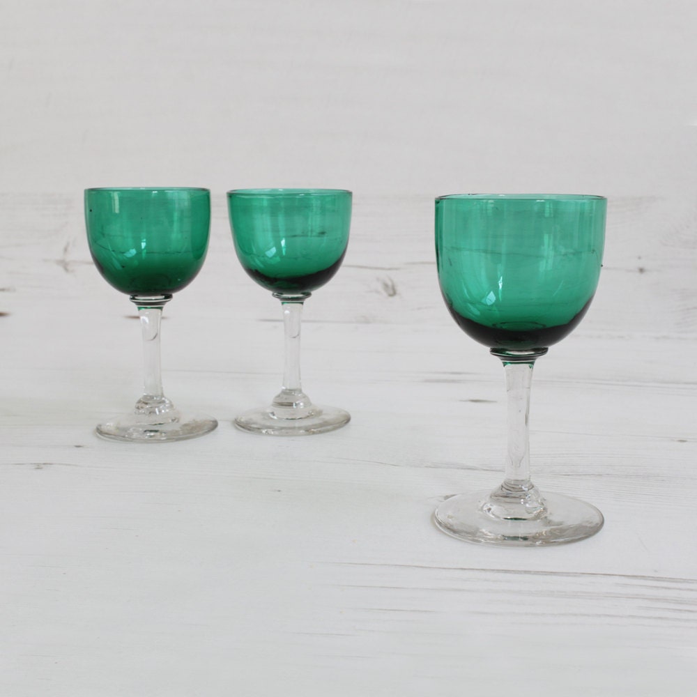 Vintage Victorian Dark Green Drinking Glasses Edwardian Sherry Port