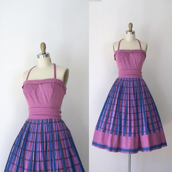 1950s Halter Dress / 50s Purple Cotton Sundress by Peck