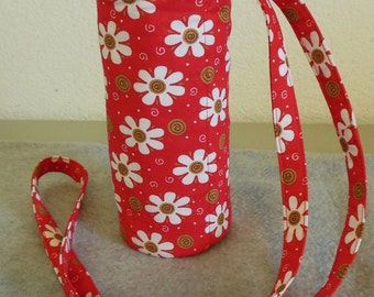 Insulated Water Bottle Carrier - Red Floral with Swirls