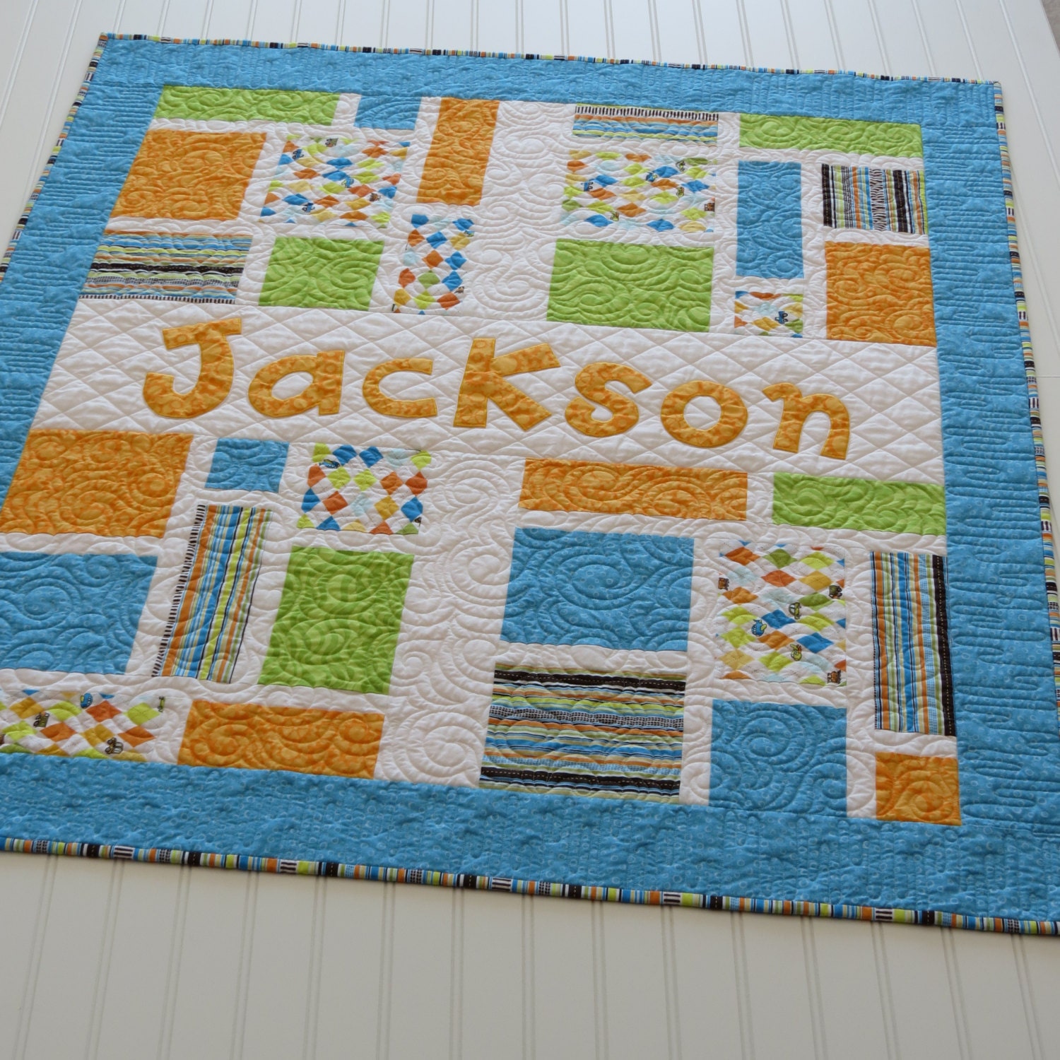 Personalized Baby Quilt with Name Applique Fabric Letters in