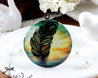 New High Quality 1pcs 33mm Handmade Antique Bronze Brass Photo Locket Charm Pendant-Feather (LOCKP-W-70)