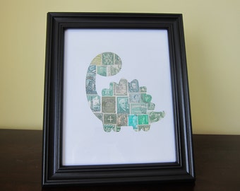 Postage Stamp Art - Dinosaur - Used Postage Stamps - Framed Postage Stamp Art - Wall Art - dino art