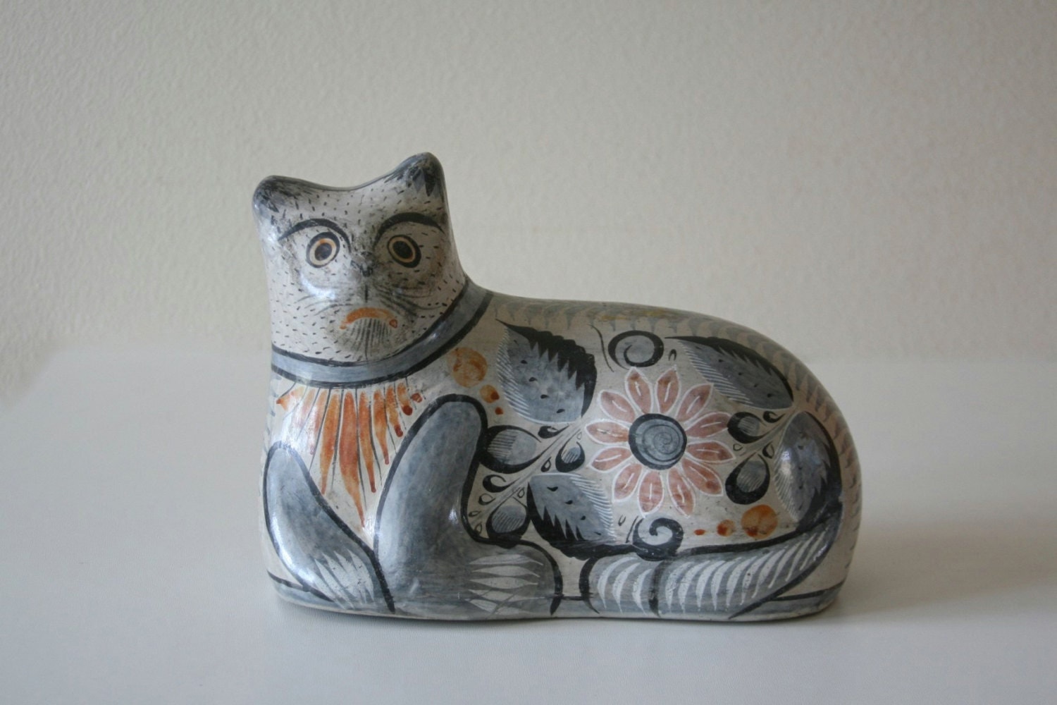 Vintage Large Tonala Mexican Cat Pottery Cat