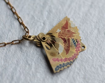 Tiny Japanese Fan Necklace ... Vintage Brass Folding Fan Pendant