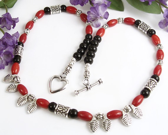 Red Coral and Black Obsidian Necklace, Silver Tone Leaf Beads, OOAK