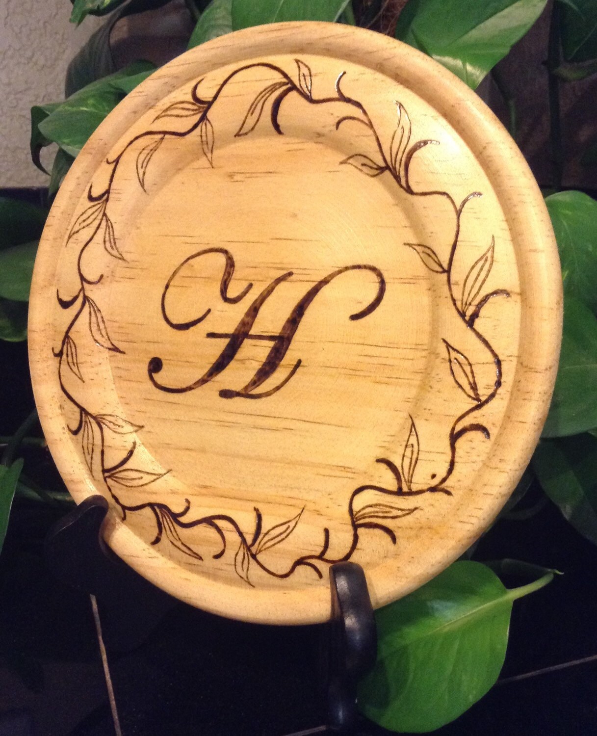 Wood burned plate initial H monogram H letter H last name