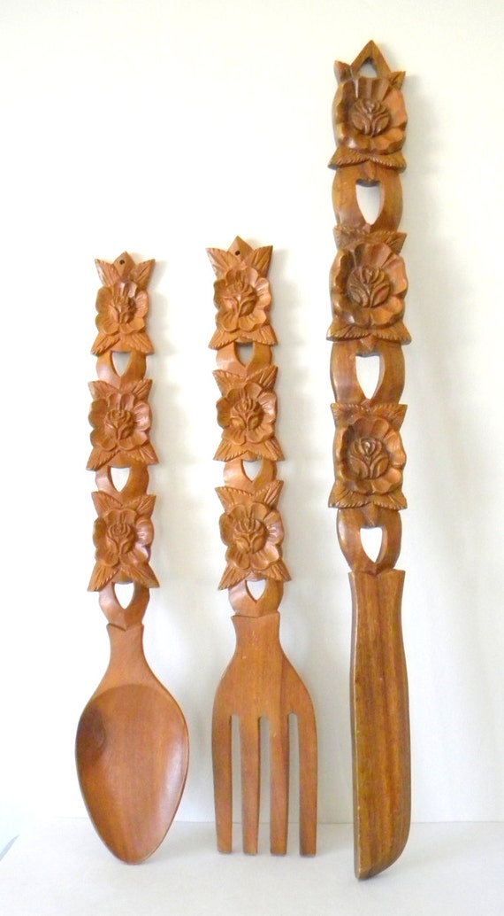 Vintage Giant Carved Wood Knife Fork Spoon by MissBettysAttic
