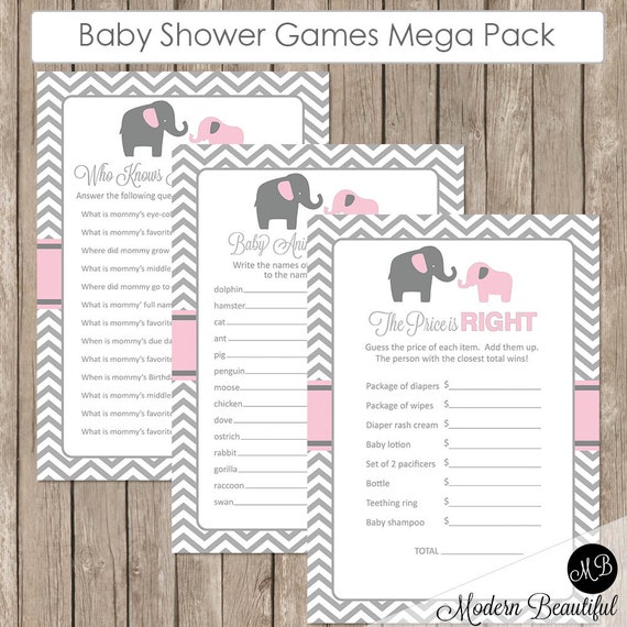 Elephant Baby Shower Game Pack in Pink and Gray Baby Shower