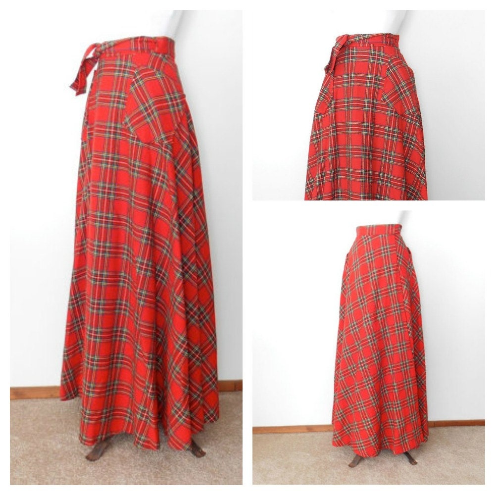 Red Plaid Maxi Skirt With Pockets Tartan by BetterWithVintage