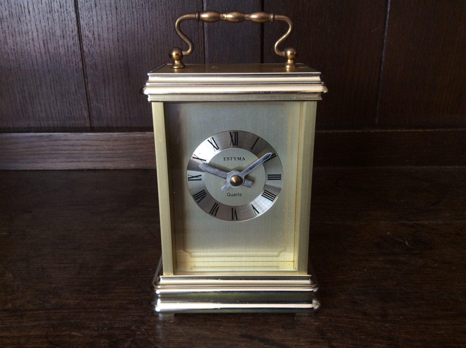Vintage Estyma metal carriage clock glass fronted Quartz clock