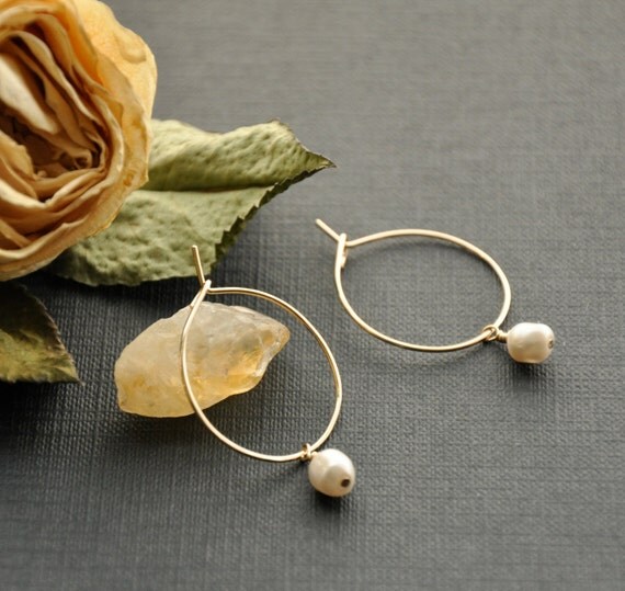 Small Pearl Hoop Gold Pearl Earrings by GueGueCreations on Etsy
