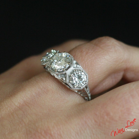 Moissanite Antique Filigree 3 Stone Engagment by WanLoveDesigns