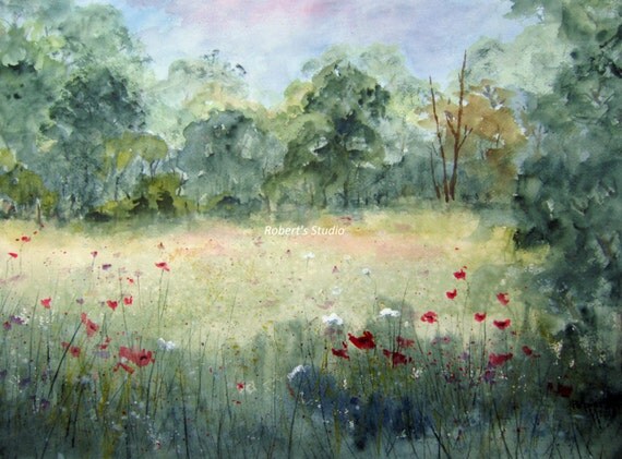 Meadow watercolor painting archival print landscape