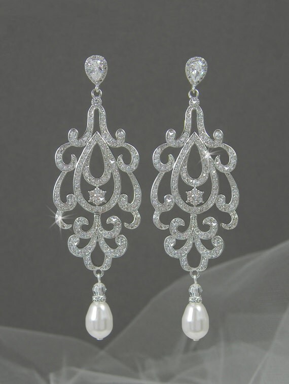 Pearl Bridal Earrings, Crystal Wedding earrings, Rose gold, Gold