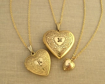 Personalized heart locket necklace gold brass heart Initial locket Bridesmaid gift photo locket Grandma Mother Generation set COUPON