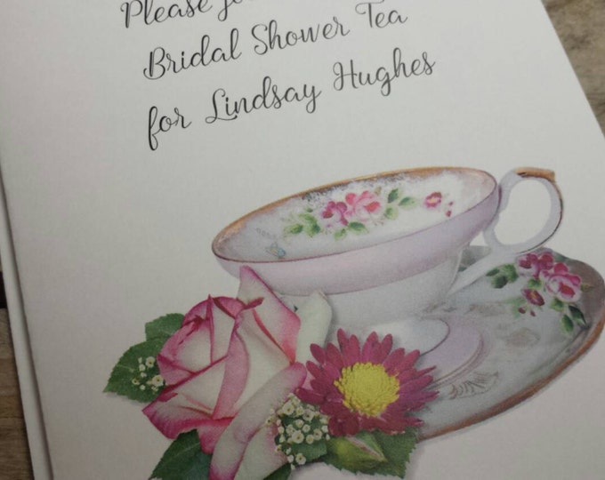 Personalized Henrietta Pink Teacup Tea Invitations Thank You Cards Note Cards for Birthday Bridal Shower Wedding Anniversary Party