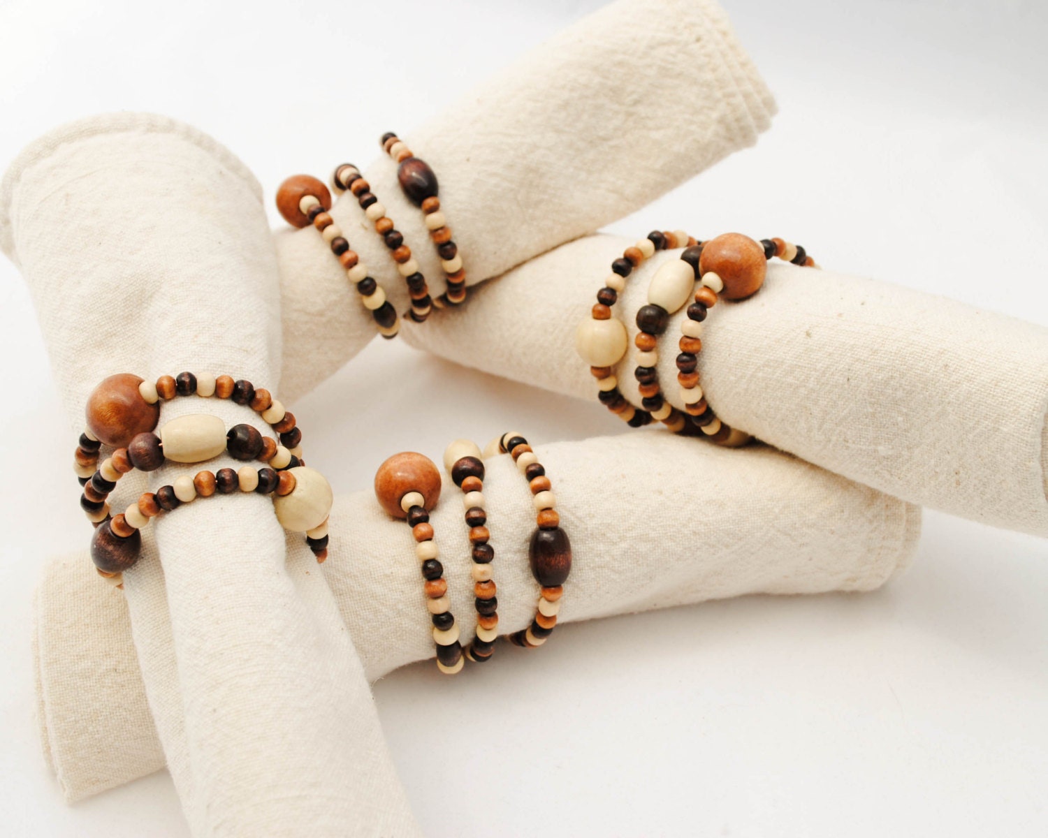 Set of 4 Wooden Beaded Napkin Rings in Earthy Wood Tones of