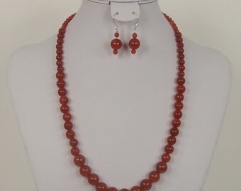 Necklace & Earring Set, 20" long, Red Carnelian Agate Gemstone Beads