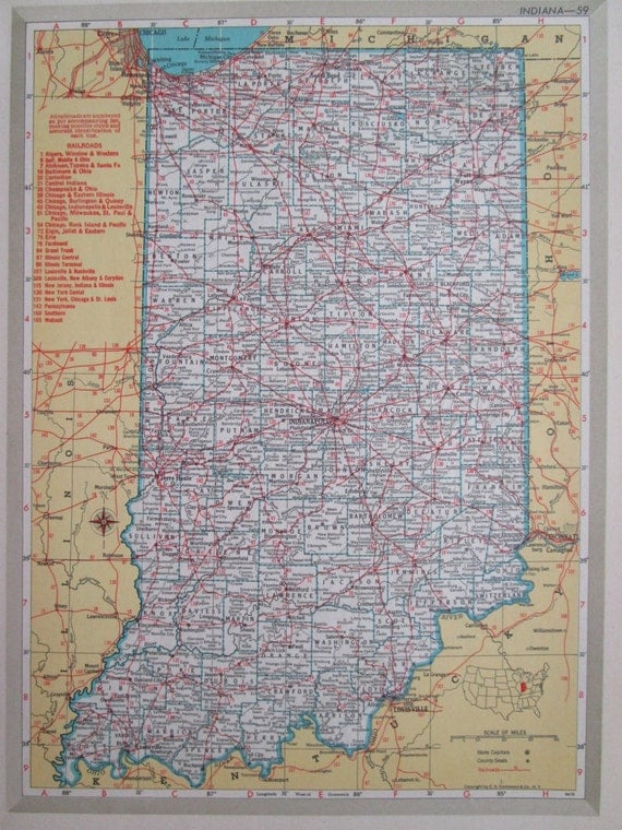 1952 INDIANA RAILROAD Map. 8x11. Nickel Plate Road Erie