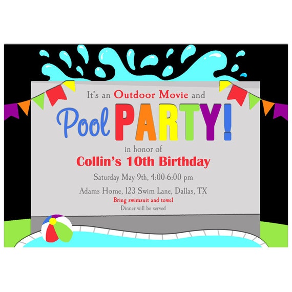 outdoor movie pool party invitation printable or printed with free