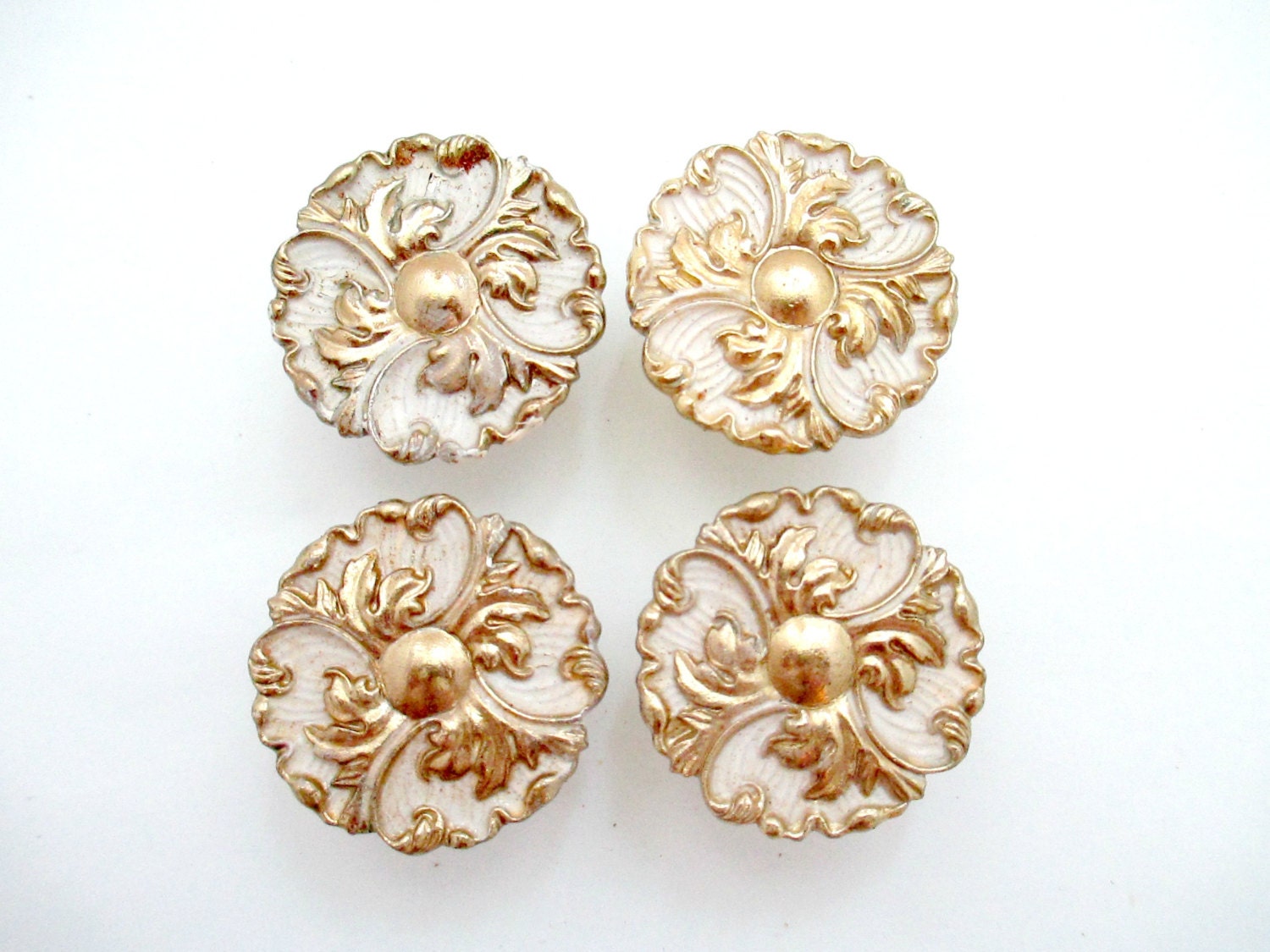 Lot of 4 Vintage French Provincial Drawer Knobs White and Gold