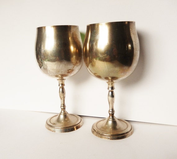 One pair of Vintage Silver Plated long stem wine goblets
