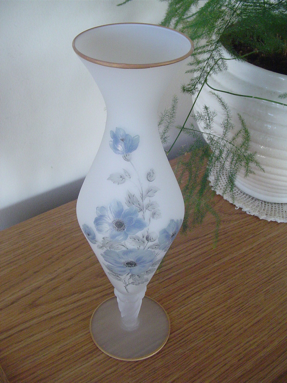 Frosted Hand Painted Glass Vase With A Swirl Pedestal Frosted
