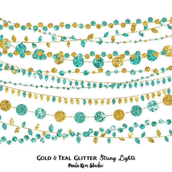 80% OFF SALE Gold and Teal Clipart Glitter String Lights Clip